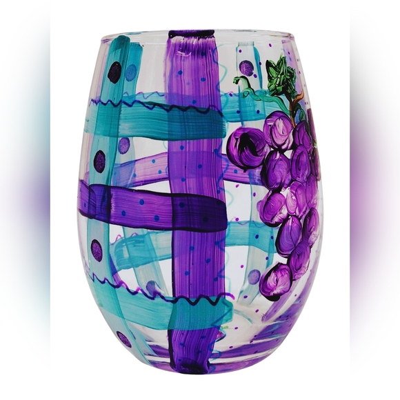 Hand Painted Clear Glass Grape Vine Stemless Wine Glasses 20 fl oz. - Picture 3 of 8